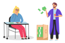 پیش‌نمایش فایل businessman-standing-near-safe-full-of-money-and-poor-woman-counts-savings-on-calculator-5728419 از پک ثروت و فقر