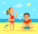 پیش‌نمایش فایل girl-on-beach-eating-ice-cream-and-boy-eating-melon-10709042 از پک فعالیت پارک