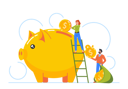 پیش‌نمایش فایل man-and-woman-characters-standing-on-ladder-throw-golden-coins-into-huge-piggy-bank-8512354 از پک افراد کسب و کار