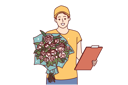 پیش‌نمایش فایل man-courier-with-bouquet-of-flowers-and-clipboard-holds-roses-to-screen-while-presenting-gift-11505834 از پک فعالیت افراد