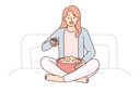 پیش‌نمایش فایل woman-with-tv-remote-turns-on-series-sitting-on-bed-in-bedroom-and-holds-cup-of-popcorn-10616305 از پک فعالیت افراد