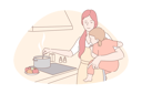 پیش‌نمایش فایل mother-holding-baby-girl-while-cooking-in-kitchen-9448692 از پک خانواده و والدین