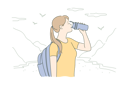 پیش‌نمایش فایل woman-hiker-tourist-with-backpack-standing-in-mountain-valley-and-drinking-water-10063473 از پک سرگرمی‌ها و سفر
