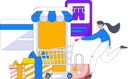 پیش‌نمایش فایل woman-with-trolley-and-online-shop-application-10744756 از پک تجارت الکترونیک
