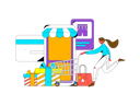 پیش‌نمایش فایل woman-with-trolley-and-online-shop-application-11577340 از پک تجارت الکترونیک