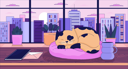 پیش‌نمایش فایل cityscape-sunset-cozy-desk-with-sleeping-cat-10196641 از پک والپیپر‌ها لوفای