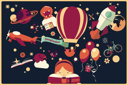 پیش‌نمایش فایل imagination-concept-girl-reading-a-book-with-air-balloon-rocket-and-airplane-flying-out-night-sky-1748742 از پک تخیل