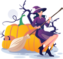 پیش‌نمایش فایل witch-holding-a-broomstick-and-sitting-on-a-giant-halloween-pumpkin-6542244 از پک هالووین
