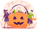 پیش‌نمایش فایل boy-and-girl-dressed-in-halloween-costumes-with-huge-halloween-pumpkin-basket-full-of-candies-and-sweets-9851823 از پک هالووین