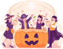 پیش‌نمایش فایل kids-wearing-halloween-costumes-and-having-fun-with-large-pumpkin-basket-filled-with-sweets-and-candies-9851827 از پک هالووین