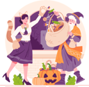 پیش‌نمایش فایل woman-dressed-in-costume-gives-candy-and-sweets-to-man-dressed-in-costume-who-is-holding-basket-9851826 از پک هالووین
