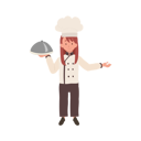 پیش‌نمایش فایل cute-young-chef-in-chefs-uniform-serving-a-gourmet-meal-with-welcome-sign-10085178 از پک دختر سرآشپز کوچک