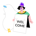 پیش‌نمایش فایل clown-holding-welcome-board-9696296 از پک دلقک