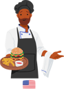 پیش‌نمایش فایل american-chef-character-proudly-presents-tray-with-a-delectable-array-of-fast-food-10673982 از پک سرآشپزها