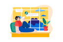 پیش‌نمایش فایل freelancer-lady-talking-on-tablet-white-seating-near-window-5827996 از پک کار از خانه